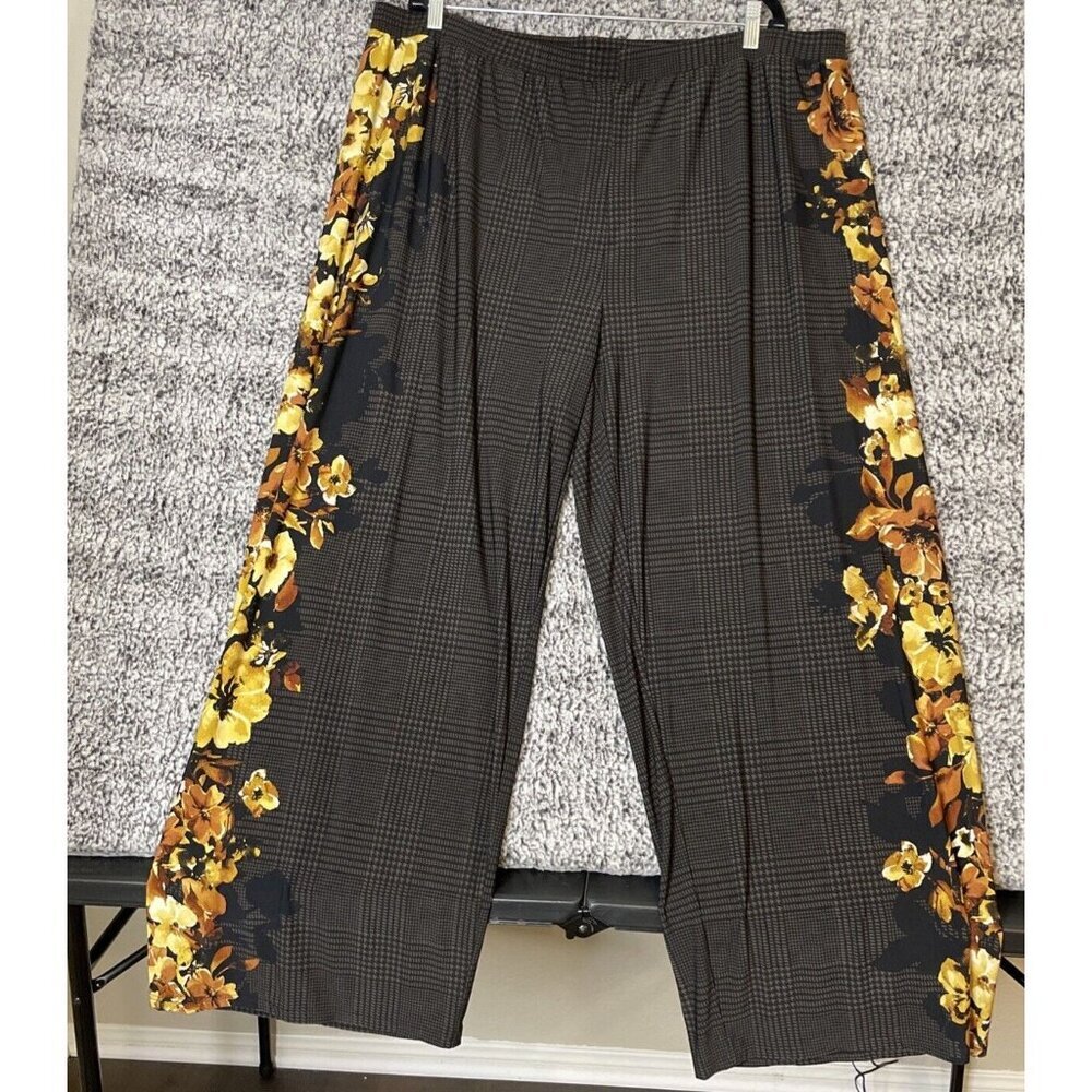 Susan Graver 2X Brown Houndstooth Floral Liquid Knit Wide‎ Leg Pants Tropical